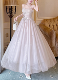 Ndyad Modest Spaghetti Strap Ball Gown Tulle Apricot Long Prom Dress Sweet 16 Dress HZ1024