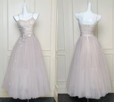 Ndyad Modest Spaghetti Strap Ball Gown Tulle Apricot Long Prom Dress Sweet 16 Dress HZ1024