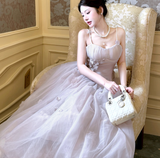 Ndyad Modest Spaghetti Strap Ball Gown Tulle Apricot Long Prom Dress Sweet 16 Dress HZ1024
