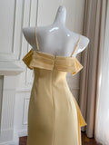 Ndyad Yellow Sheath Evening Dress Spaghetti Strap Formal Dress Modest Slit Long Prom Dress HZ1024