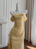 Ndyad Yellow Sheath Evening Dress Spaghetti Strap Formal Dress Modest Slit Long Prom Dress HZ1024