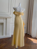 Ndyad Yellow Sheath Evening Dress Spaghetti Strap Formal Dress Modest Slit Long Prom Dress HZ1024