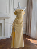 Ndyad Yellow Sheath Evening Dress Spaghetti Strap Formal Dress Modest Slit Long Prom Dress HZ1024