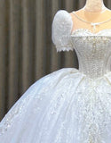 Ndyad Sweetheart Neck Ball Gown Tulle Beaded Bridal Dress Modest Short Sleeve Wedding Dress HZ1024