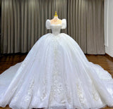 Ndyad Sweetheart Neck Ball Gown Tulle Beaded Bridal Dress Modest Short Sleeve Wedding Dress HZ1024