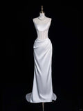 Ndyad Sheath White Bateau Neck Satin Bridal Dress Modest Wedding Dress HZ1024