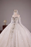 Ndyad White Ball Gown Off-the-shoulder Bridal Gown Tulle Beading Long Sleeve Bridal Dress Modest Wedding Dress HZ1024