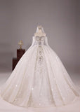 Ndyad White Ball Gown Off-the-shoulder Bridal Gown Tulle Beading Long Sleeve Bridal Dress Modest Wedding Dress HZ1024