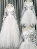 Ndyad White Ball Gown Strapless Bridal Gown Tulle Satin Bridal Dress Modest Wedding Dress with Veil HZ1024