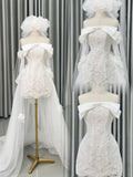 Ndyad White Short Sheath Strapless Bridal Gown Tulle Beaded Applique Bridal Dress Modest Wedding Dress with Veil HZ1024