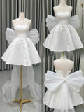 Ndyad White Short Ball Gown Strapless Bridal Gown Satin Applique Bridal Dress Modest Wedding Dress HZ1024