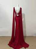 Ndyad Sheath V-Neck Long Evening Dress Burgundy Backless Satin Prom Dress with Ribbon HZ1024