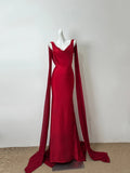 Ndyad Sheath V-Neck Long Evening Dress Burgundy Backless Satin Prom Dress with Ribbon HZ1024