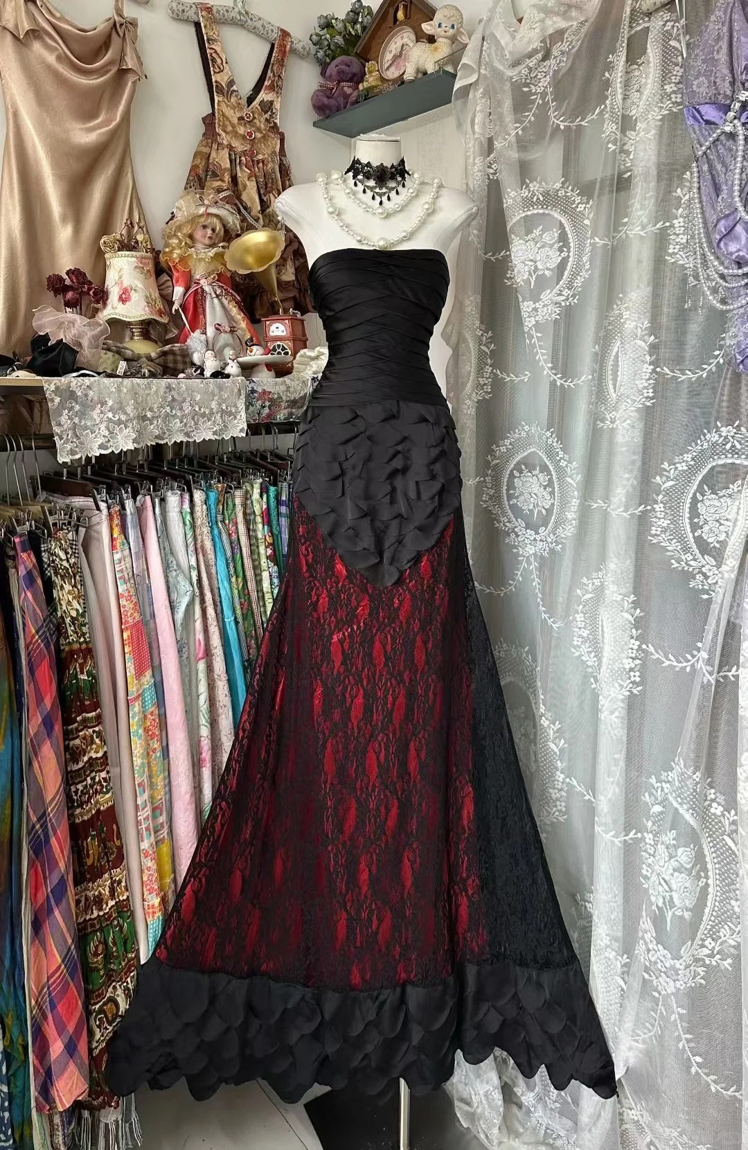 Ndyad Strapless Sheath Long Evening Dresses Black Formal Dresses Lace Prom Dresses HZ1024