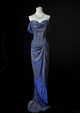 Ndyad Off-the-shoulder Sheath Long Evening Dress Navy Blue Glitter Formal Dress Elegant Prom Dress HZ1024