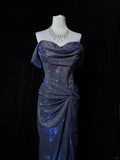 Ndyad Off-the-shoulder Sheath Long Evening Dress Navy Blue Glitter Formal Dress Elegant Prom Dress HZ1024