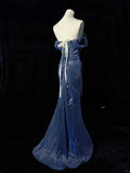 Ndyad Off-the-shoulder Sheath Long Evening Dress Navy Blue Glitter Formal Dress Elegant Prom Dress HZ1024