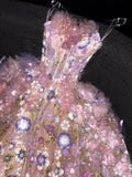 Ndyad Strapless Ball Gown Quinceanera Dress Tulle Sequin Pink Evening Dress Applique Sweet 16 Dress HZ1024