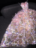 Ndyad Strapless Ball Gown Quinceanera Dress Tulle Sequin Pink Evening Dress Applique Sweet 16 Dress HZ1024