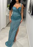 Ndyad Sweetheart Neck Sheath Evening Dress Tulle Sequin Long Prom Dress Modest Turquoise Slit Guest Outfits HZ1024