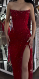 Ndyad Strapless Sheath Silt Evening Dress Burgundy Modest Rhinestone Two-Piece Long Prom Dress HZ1024
