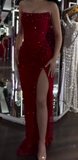 Ndyad Strapless Sheath Silt Evening Dress Burgundy Modest Rhinestone Two-Piece Long Prom Dress HZ1024