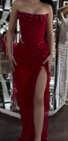 Ndyad Strapless Sheath Silt Evening Dress Burgundy Modest Rhinestone Two-Piece Long Prom Dress HZ1024
