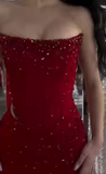 Ndyad Strapless Sheath Silt Evening Dress Burgundy Modest Rhinestone Two-Piece Long Prom Dress HZ1024