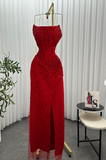 Ndyad Strapless Sheath Silt Evening Dress Burgundy Modest Rhinestone Two-Piece Long Prom Dress HZ1024
