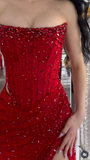 Ndyad Strapless Sheath Silt Evening Dress Burgundy Modest Rhinestone Two-Piece Long Prom Dress HZ1024