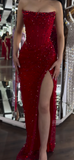 Ndyad Strapless Sheath Silt Evening Dress Burgundy Modest Rhinestone Two-Piece Long Prom Dress HZ1024