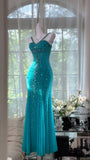 Ndyad Halter Mermaid Evening Dress Turquoise Beaded Chiffon Formal Dress Modest Long Prom Dress HZ1024