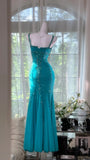 Ndyad Halter Mermaid Evening Dress Turquoise Beaded Chiffon Formal Dress Modest Long Prom Dress HZ1024