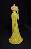 Ndyad Yellow Sheath Satin Formal Evening Gown Sweetheart Neck Modest Lace Long Prom Dress HZ1024
