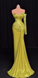 Ndyad Yellow Sheath Satin Formal Evening Gown Sweetheart Neck Modest Lace Long Prom Dress HZ1024