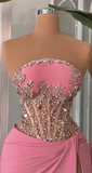 Ndyad Sheath Strapless Long Prom Dress Modest Pink Beaded Satin Formal Evening Gown HZ1024