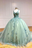 Ndyad V-neck Ball Gown Green Applique Sequin Quinceanera Dress Tulle Long Prom Dress Sweet 16 Dress HZ1024
