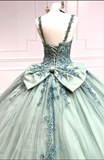 Ndyad V-neck Ball Gown Green Applique Sequin Quinceanera Dress Tulle Long Prom Dress Sweet 16 Dress HZ1024