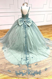 Ndyad V-neck Ball Gown Green Applique Sequin Quinceanera Dress Tulle Long Prom Dress Sweet 16 Dress HZ1024