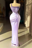 Ndyad One Shoulder Sheath Satin Formal Evening Dress Purple Beaded Long Prom Dress HZ1024