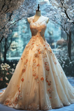 Ndyad V-neck A-Line Tulle Formal Evening Dress 3D Applique Tulle Long Prom Dress Sweet Quinceanera Dress HZ1024