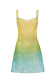 Ndyad Yellow/Turquoise Sheath Spaghetti Straps Short Formal Dress Elegant Beaded Birthday Outfit Homecoming Dress HZ1024