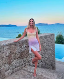 Ndyad Yellow/Turquoise Sheath Spaghetti Straps Short Formal Dress Elegant Beaded Birthday Outfit Homecoming Dress HZ1024