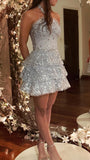 Ndyad Gray Blue Halter Ball Gown Short Formal Dress Sweet Applique Birthday Outfits Homecoming Dress HZ1024