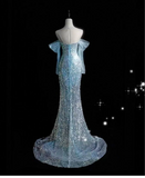 Ndyad Ice Blue Mermaid Off-the-Shoulder Evening Dress Elegant Tulle Sequined Long Prom Dress with Long Sleeves HZ1024