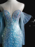 Ndyad Ice Blue Mermaid Off-the-Shoulder Evening Dress Elegant Tulle Sequined Long Prom Dress with Long Sleeves HZ1024