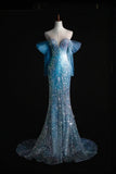 Ndyad Ice Blue Mermaid Off-the-Shoulder Evening Dress Elegant Tulle Sequined Long Prom Dress with Long Sleeves HZ1024
