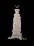 Ndyad Mermaid Strapless Evening Dress Modest Chiffon Ruffled Formal Dress Long Prom Dress HZ1024