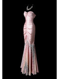 Ndyad Pink Mermaid Sweetheart Neck Evening Dress Modest Satin Sequin Formal Dress Long Prom Dress HZ1024