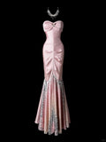 Ndyad Pink Mermaid Sweetheart Neck Evening Dress Modest Satin Sequin Formal Dress Long Prom Dress HZ1024